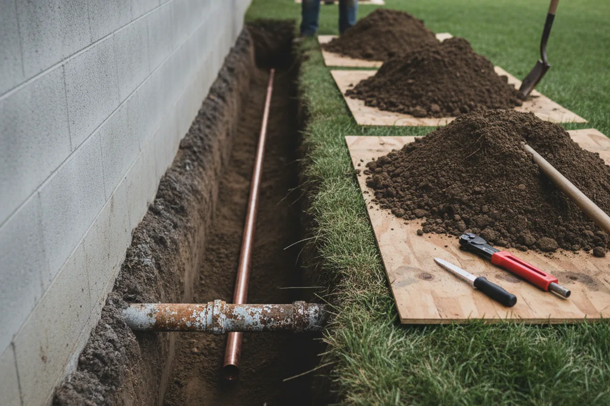 Excavated water line trench during Sewer Line Repair in Suffolk